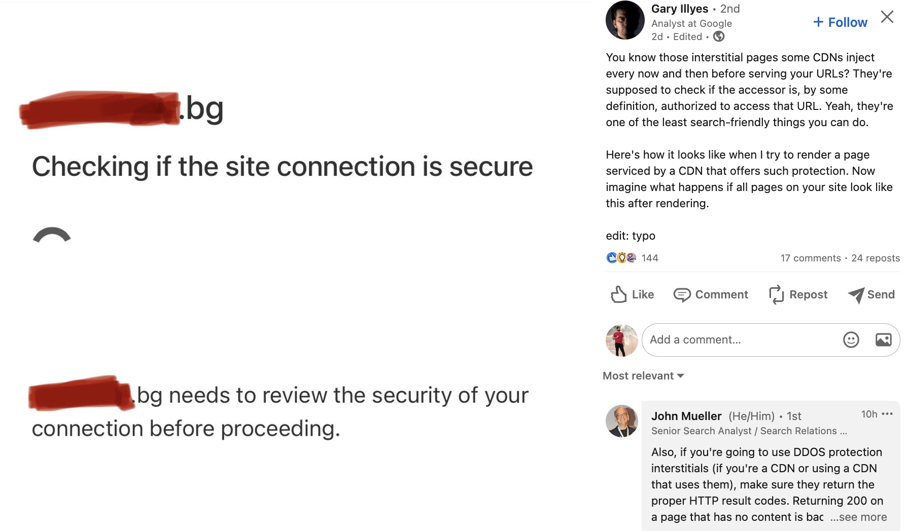 Google warns that Checking If The Site Connection Is Secure CDN Interstitials Are Not Search Engine Friendly